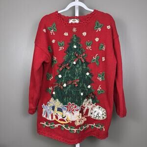 Vintage Tiara International Red Christmas tree Sweater Women's Large Embellished